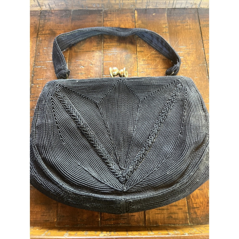 Black Cordé Vintage Wristlet Handbag Purse From The 1930's -40's  Preowned